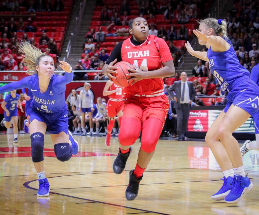 DREUNA EDWARDS (44) takes the ball to the hoop as The University of Utah Lady Utes take on Brigham Young University at the Huntsman Center in Salt Lake City, UT on Saturaday, Dec. 8, 2018 (Photo by Cassandra Palor | Daily Utah Chronicle)