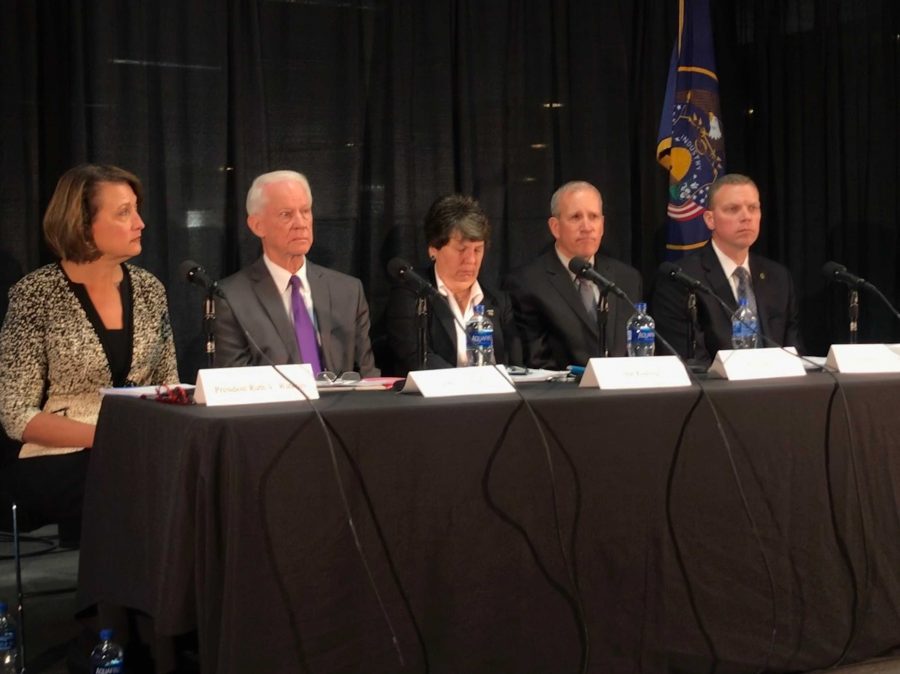 Officials announce the results of two independent investigations into the University of Utahs police department and the State justice system after the on-campus murder of student Lauren McCluskey. Pictured from left to right: President Ruth Watkins, former Public Safety Commissioner John T. Nielsen, Executive Director of the International Association of Campus Law Enforcement Administrators Sue Riseling, former Public Safety Commissioner Keith Squires, and current Public Safety Commissioner Jess L. Anderson. | Photo by Elise Vandersteen Bailey