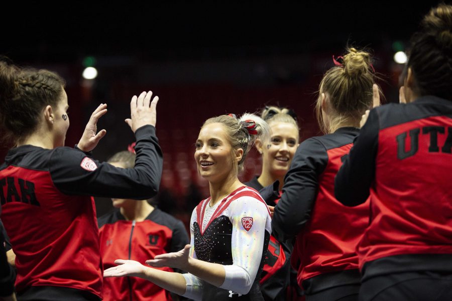 University of Utah womens gymnastics team congratulates each other after the Red Rocks preview at the Jon M. Hunstman Center in Salt Lake City, UT on Friday, Dec. 7, 2018.

(Photo by: Justin Prather | The Daily Utah Chronicle).