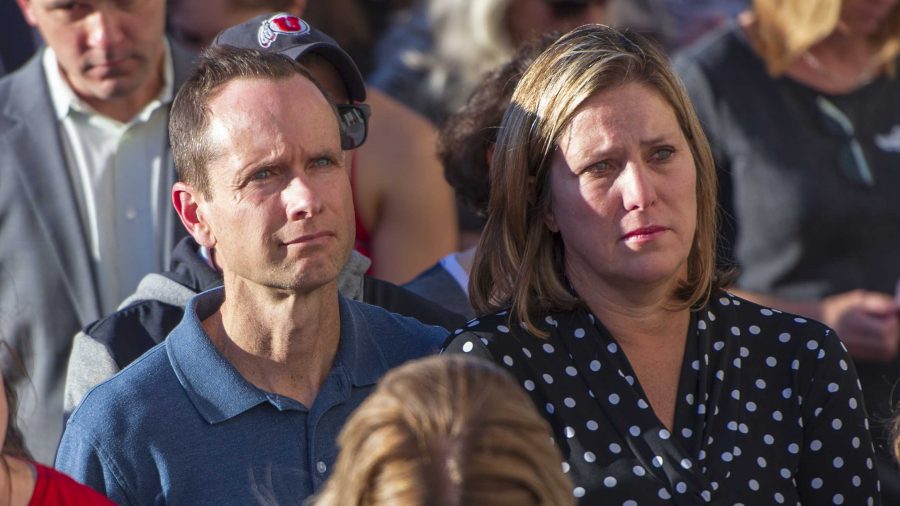 Laurens parents, Jill and Matthew McCluskey, students, staff, family and friends attend a vigil on the steps of the Park Building for Lauren McCluskey who was tragically killed on campus at The University of Utah in Salt Lake City, Utah on Wednesday, Oct. 24, 2018. (Photo by Kiffer Creveling | The Daily Utah Chronicle)