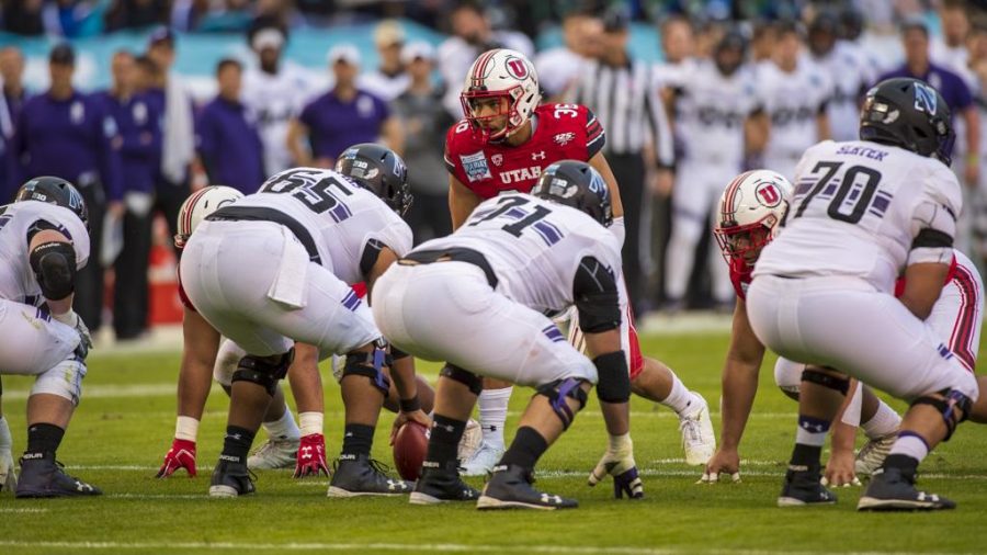 University of Utah junior linebacker Francis Bernard (36) gets ready for the snap during the San Diego County Credit Union Holiday Bowl vs. Northwestern University at SDCCU Stadium in San Diego, California on Monday, Dec. 31, 2018. (Photo by Kiffer Creveling | The Daily Utah Chronicle)