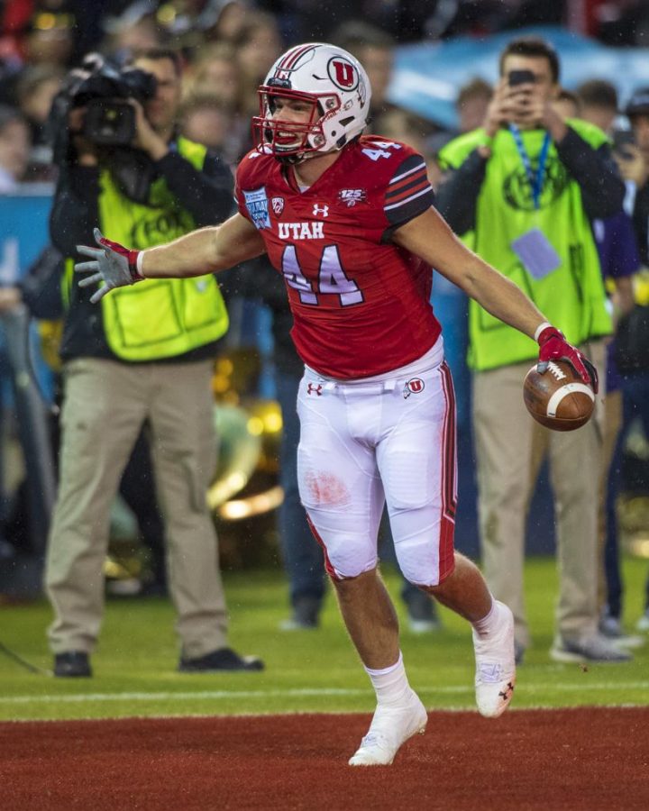 University of Utah junior tight end Jake Jackson (44) celebrates after scoring a touchdown vs. Northwestern University during the San Diego County Credit Union Holiday Bowl at SDCCU Stadium in San Diego, California on Monday, Dec. 31, 2018. (Photo by Kiffer Creveling | The Daily Utah Chronicle)