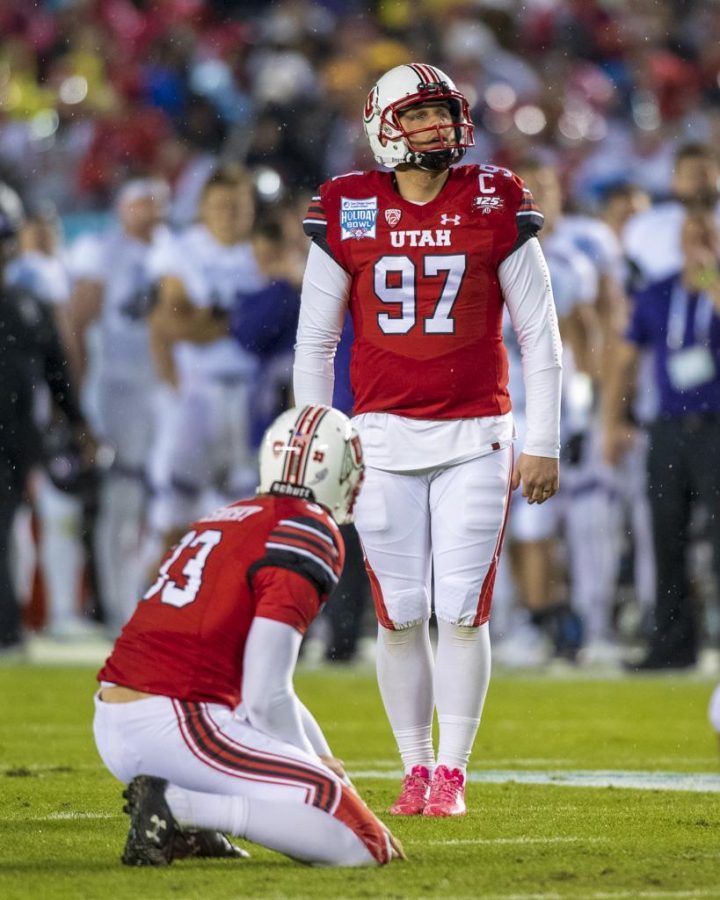 University of Utah senior kicker Matt Gay (97) looks at the goal posts before a kick during the San Diego County Credit Union Holiday Bowl vs. Northwestern University at SDCCU Stadium in San Diego, California on Monday, Dec. 31, 2018. (Photo by Kiffer Creveling | The Daily Utah Chronicle)