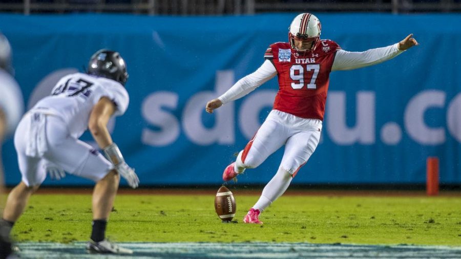 University of Utah senior kicker Matt Gay (97) punts the ball after a touchdown during the San Diego County Credit Union Holiday Bowl vs. Northwestern University at SDCCU Stadium in San Diego, California on Monday, Dec. 31, 2018. (Photo by Kiffer Creveling | The Daily Utah Chronicle)