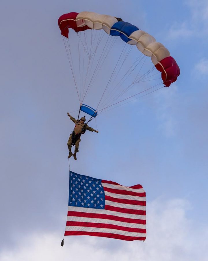 US Navy seals jump from a stunt plane before the San Diego County Credit Union Holiday Bowl at SDCCU Stadium in San Diego, California on Monday, Dec. 31, 2018. (Photo by Kiffer Creveling | The Daily Utah Chronicle)