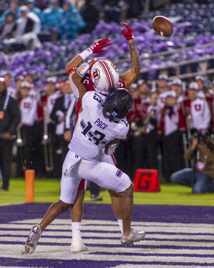 University of Utah sophomore wide receiver Samson Nacua (45) fails to make a touchdown catch over Northwestern University sophomore defensive back JR Pace (13) during the San Diego County Credit Union Holiday Bowl at SDCCU Stadium in San Diego, California on Monday, Dec. 31, 2018. (Photo by Kiffer Creveling | The Daily Utah Chronicle)