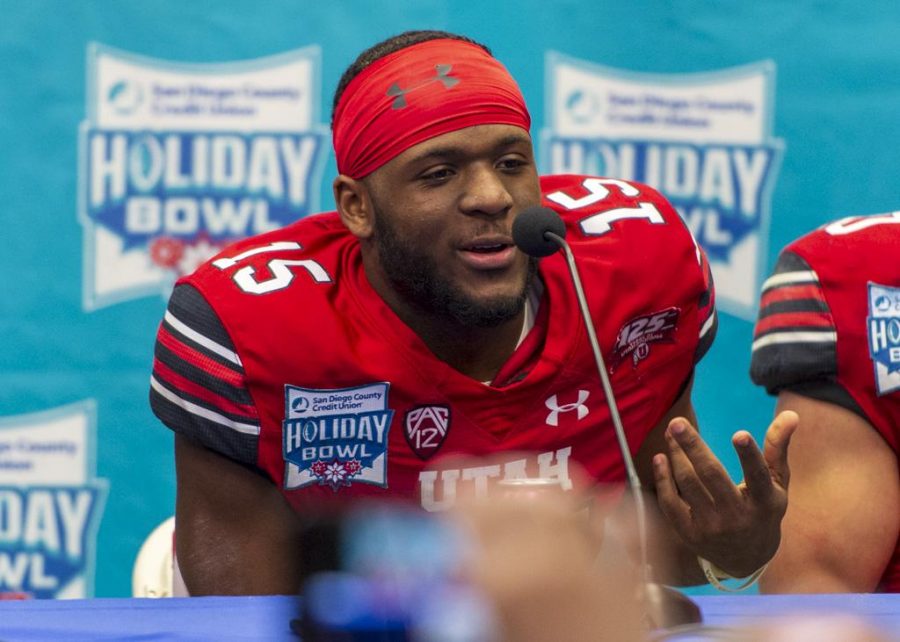 University of Utah freshman quarterback Jason Shelley (15) answers a question at the post game interview following the San Diego County Credit Union Holiday Bowl vs. Northwestern University at SDCCU Stadium in San Diego, California on Monday, Dec. 31, 2018. (Photo by Kiffer Creveling | The Daily Utah Chronicle)