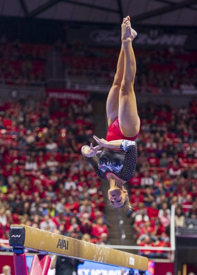 University of Utah womens gymnastics junior Missy Reinstadtler performs on the balance beam in a dual meet vs. Penn State at the Jon M. Huntsman Center in Salt Lake City, Utah on Saturday, Jan. 5, 2019.  (Photo by Kiffer Creveling | The Daily Utah Chronicle)