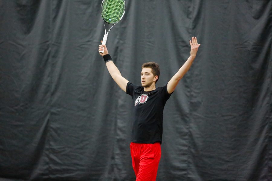 Junior (now senior) David Micevski celebrated after a match as the Utah Utes Mens Tennis team take on the Utah State Aggies at George S. Eccles Tennis Center in Salt Lake City, UT on Sunday, January 21, 2018.

(Photo by Curtis Lin/ Daily Utah Chronicle)