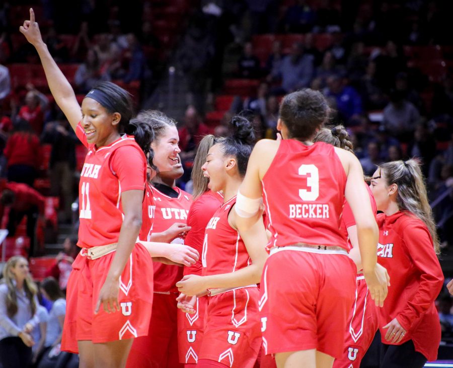 The University of Utah Lady Utes cheering because they defeated their rival Brigham Young University at the Huntsman Center in Salt Lake City, UT on Saturaday, Dec. 8, 2018 (Photo by Cassandra Palor | Daily Utah Chronicle)