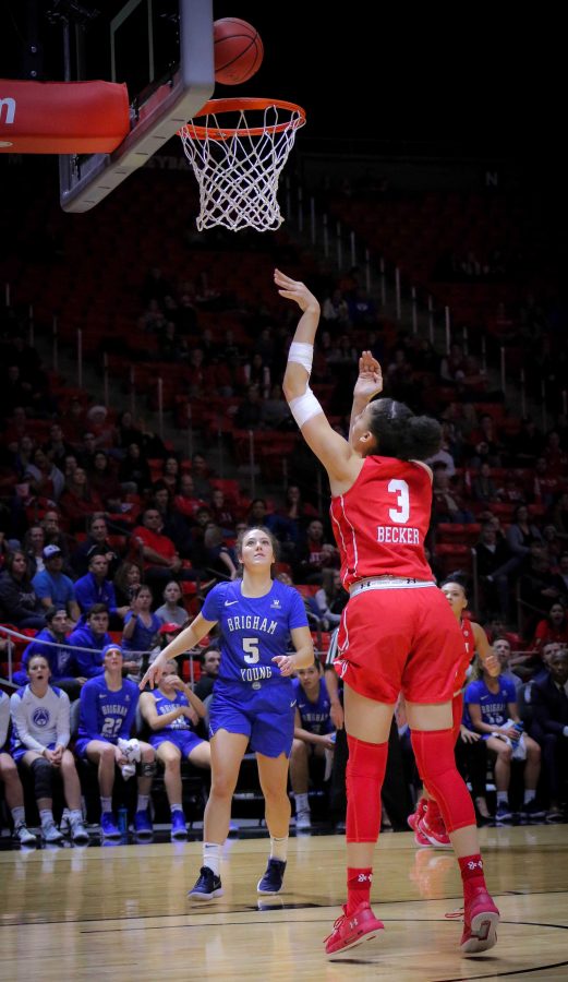 NIYAH BECKER (3) shoots and makes it as The University of Utah Utes take on Brigham Young University at the Huntsman Center in Salt Lake City, UT on Saturaday, Dec. 8, 2018 (Photo by Cassandra Palor | Daily Utah Chronicle)