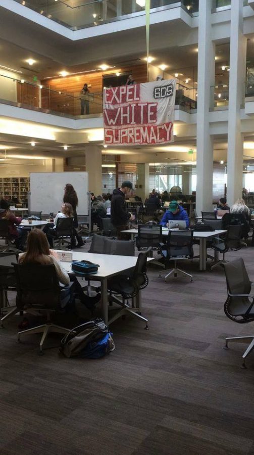 SDS holds action against white supremacy at the Marriott Library. (Courtesy of SDS).