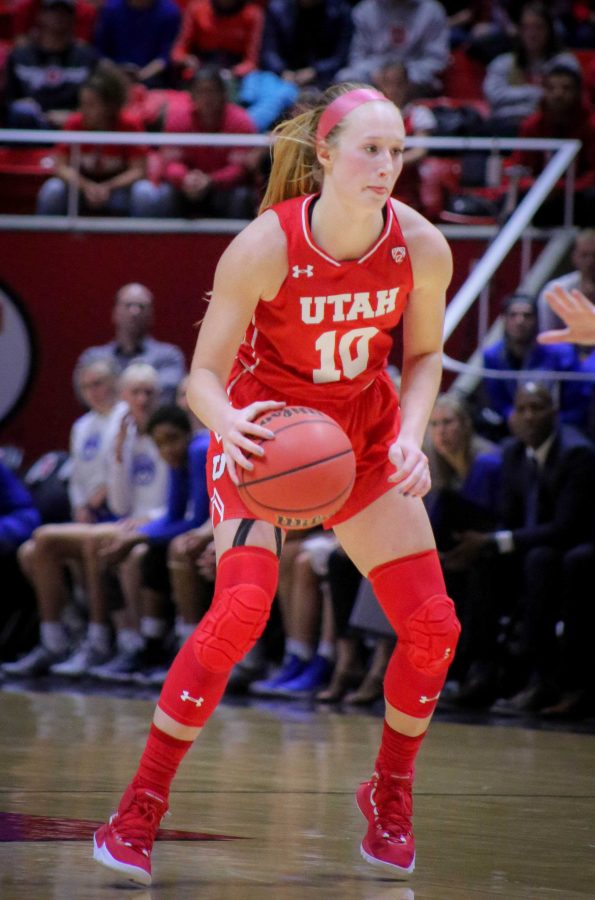 DRU GYLTEN (10) dribbles down the court as The University of Utah Lady Utes take on Brigham Young University at the Huntsman Center in Salt Lake City, UT on Saturaday, Dec. 8, 2018 (Photo by Cassandra Palor | Daily Utah Chronicle)