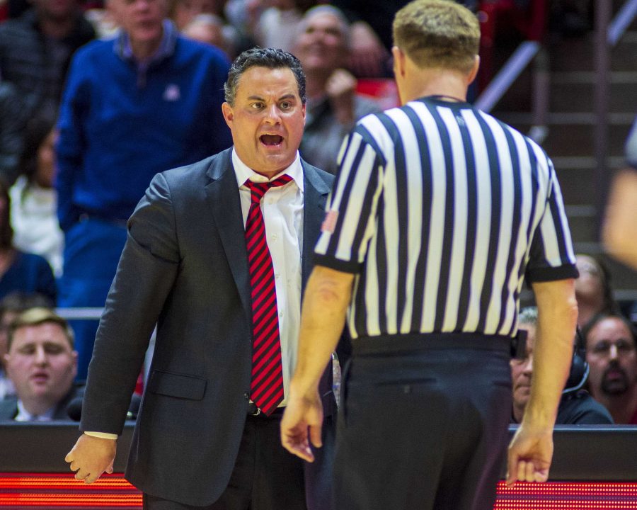 University of Arizona head coach Sean Miller argues with a referee during an NCAA Basketball game vs. The University of Utah at the Jon M. Huntsman Center in Salt Lake City, Utah on Thursday, Feb. 14, 2019. (Photo by Kiffer Creveling | The Daily Utah Chronicle)