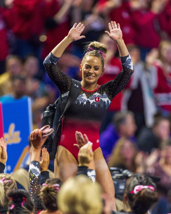 University of Utah womens gymnastics junior MyKayla Skinner reacts to her perfect 10 after her performance on the floor in the PAC 12 conference championship at the Maverik Center in Salt Lake City, Utah on Saturday, March 23, 2019.  
(Photo by Kiffer Creveling | The Daily Utah Chronicle)