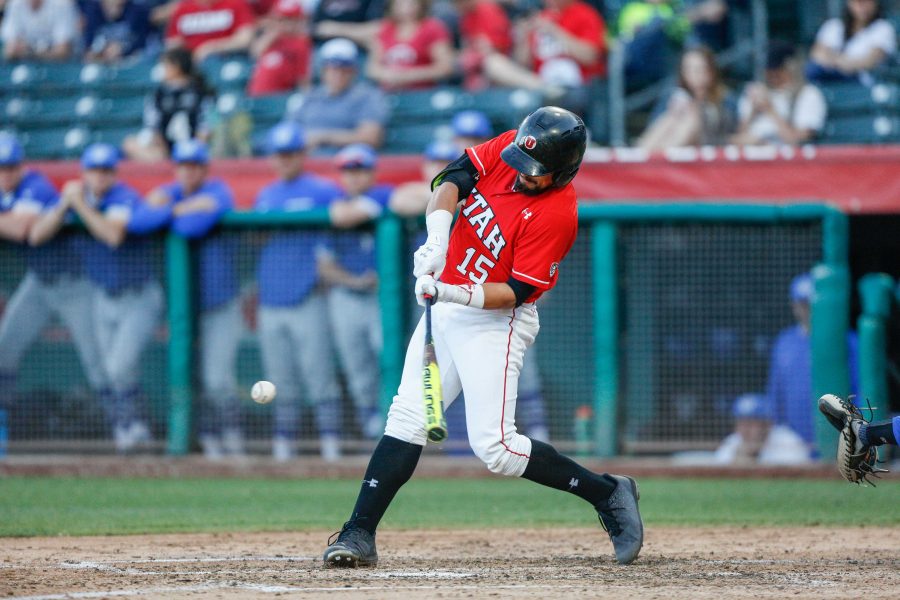 Erick Migueles (15) takes a cut as the Utes take on the BYU Cougars at Smiths Ballpark May 8, 2018.

(Photo by: Justin Prather / Daily Utah Chronicle).
