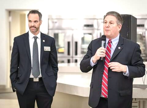 Randall McCrillis (left,) Dean of Students, and Todd Kent (right,) the Chief Administrative officer at the University of Utah Asia Campus for first-year students during an orientation in February 2019. Courtesy of UAC.