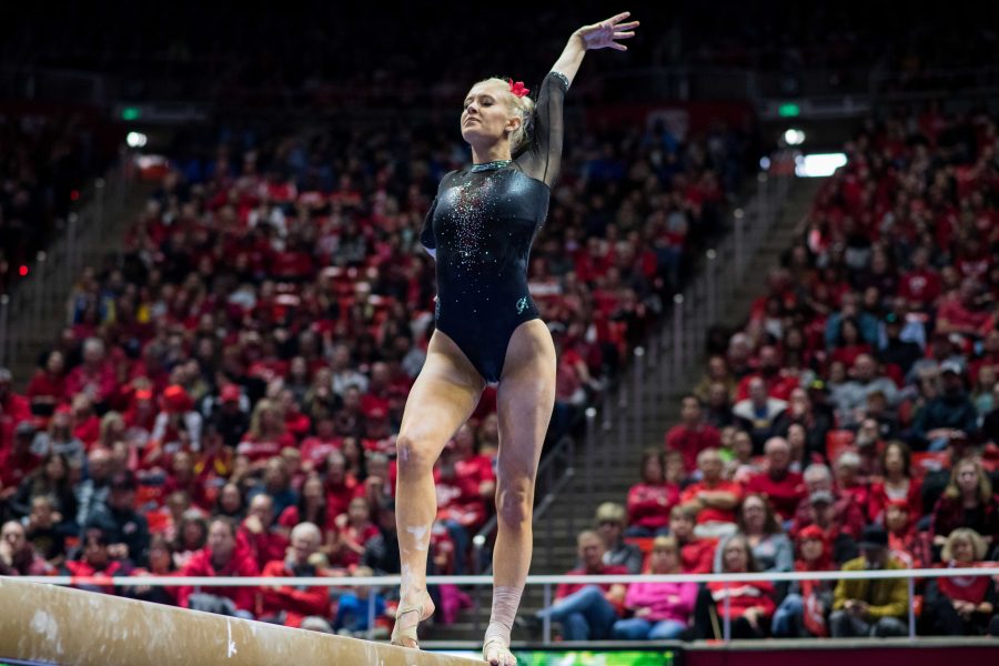 University of Utah senior Makenna Merrell-Giles performed her beam routine in an NCAA Womens Gymnastics meet vs. UCLA at Jon M. Huntsman Center in Salt Lake City, UT on Saturday February 23, 2019.

(Photo by Curtis Lin | Daily Utah Chronicle)