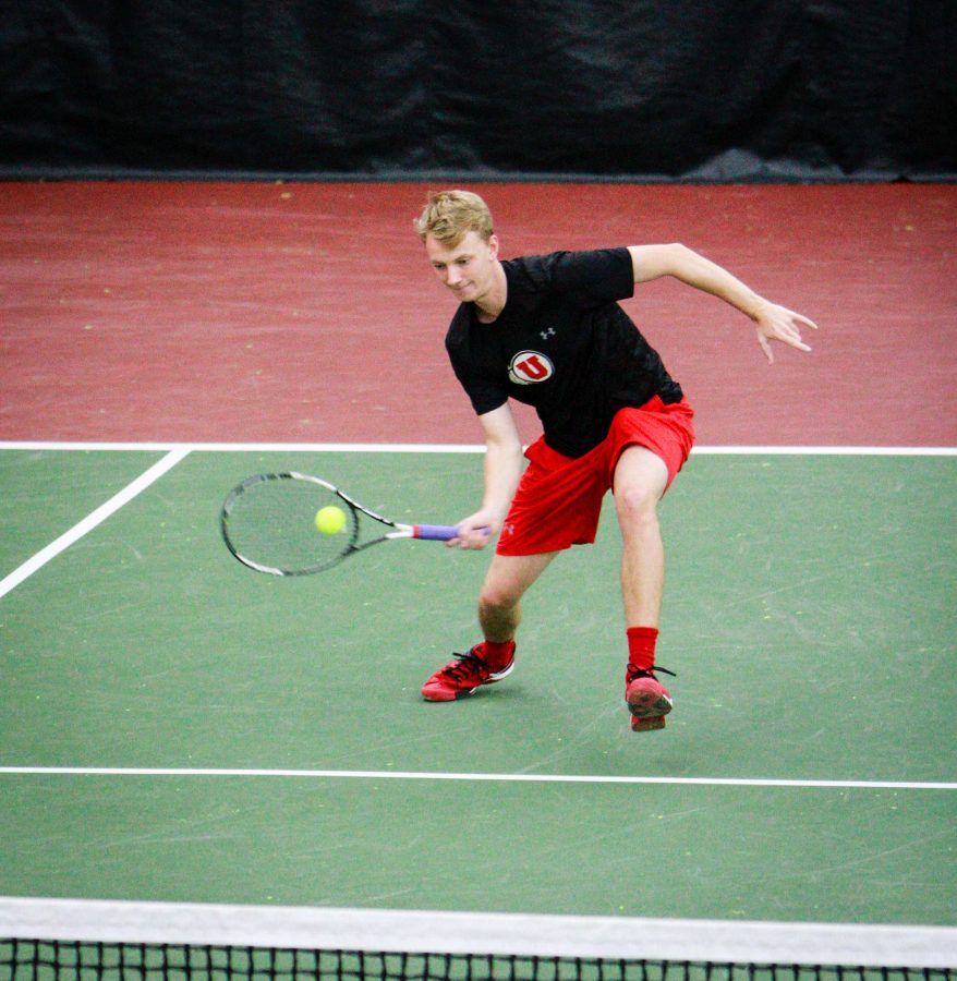 Utahs Joe Wooley returns a volley against Montana State at the Eccles Tennis Center February 5, 2017. Michael Adam Fondren for the Daily Utah Chronicle.