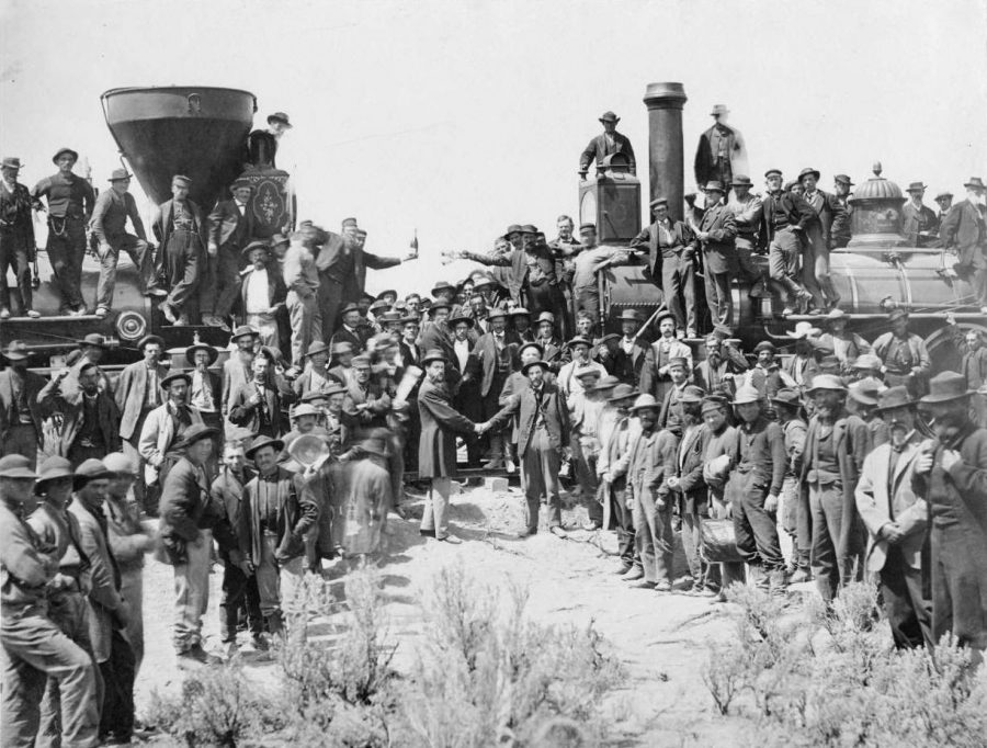 Ceremony for the driving of the golden spike at Promontory Summit, Utah on May 10, 1869. Trains Jupiiter and 1911.
