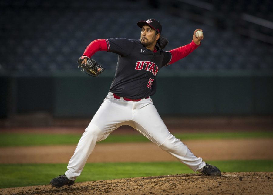 University of Utah junior left-handed pitcher Jacob Rebar (33) pitches during an NCAA Baseball game at the Smiths Ballpark in Salt Lake City, Utah on Thursday, April 11, 2019. (Photo by Kiffer Creveling | The Daily Utah Chronicle)