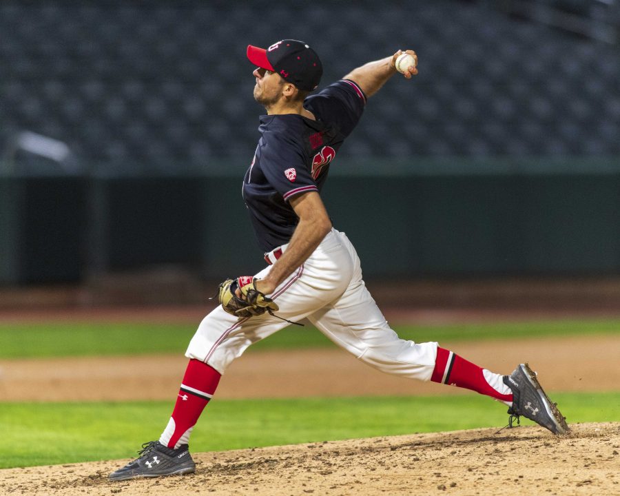University of Utah senior right-handed pitcher Austin Moore (30) pitches during an NCAA Baseball game at the Smiths Ballpark in Salt Lake City, Utah on Thursday, April 11, 2019. (Photo by Kiffer Creveling | The Daily Utah Chronicle)