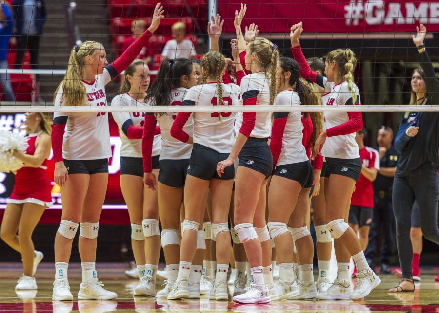 The University of Utah celebrates after their victory in an NCAA Volleyball match vs. UVU at the Jon M. Huntsman Center in Salt Lake City, Utah on Friday, Sept. 14, 2018 (Photo by Kiffer Creveling | The Daily Utah Chronicle)