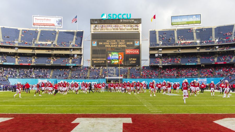 University of Utah warms up before the San Diego County Credit Union Holiday Bowl vs. Northwestern University at SDCCU Stadium in San Diego, California on Monday, Dec. 31, 2018. (Photo by Kiffer Creveling | The Daily Utah Chronicle)