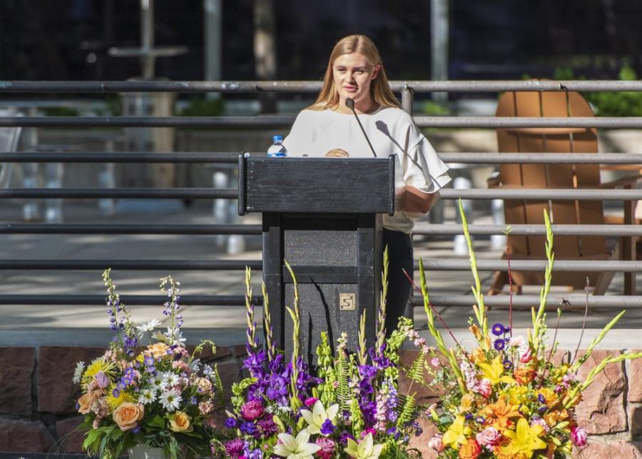 ASUU President Anna Barnes speaks to students, staff, and friends for a vigil in remembrance of MacKenzie Lueck at the University of Utah Student Union lawn in Salt Lake City, UT on Monday, July 1, 2019. Chronicle archives.