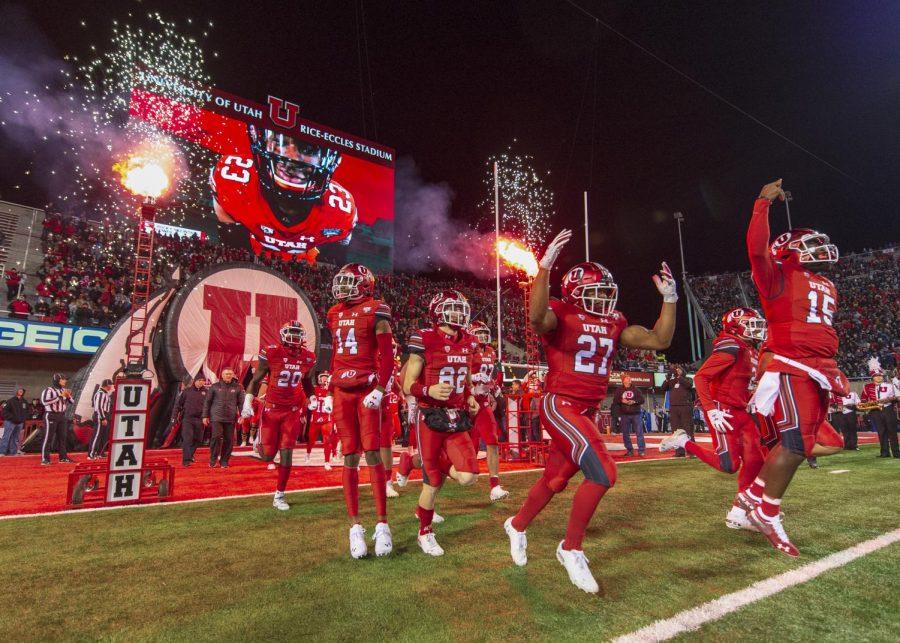 The University of Utah runs onto the field during an NCAA Football game vs. the Brigham Young University Cougars at Rice Eccles Stadium in Salt Lake City, Utah on Saturday, Nov. 24, 2018. (Photo by Kiffer Creveling | The Daily Utah Chronicle)