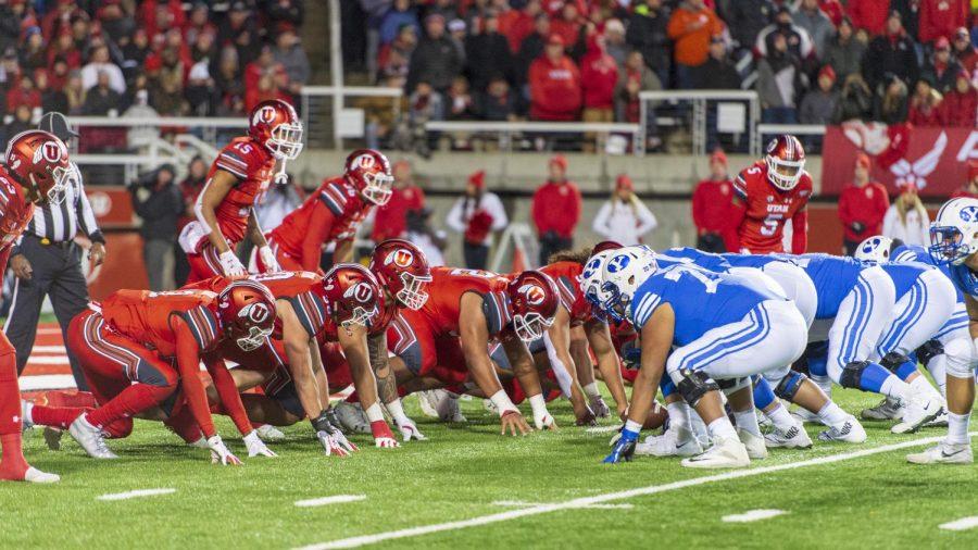 University of Utah offense lines up against Brigham Young University during an NCAA Football game at Rice Eccles Stadium in Salt Lake City, Utah on Saturday, Nov. 24, 2018. (Photo by Kiffer Creveling | The Daily Utah Chronicle)