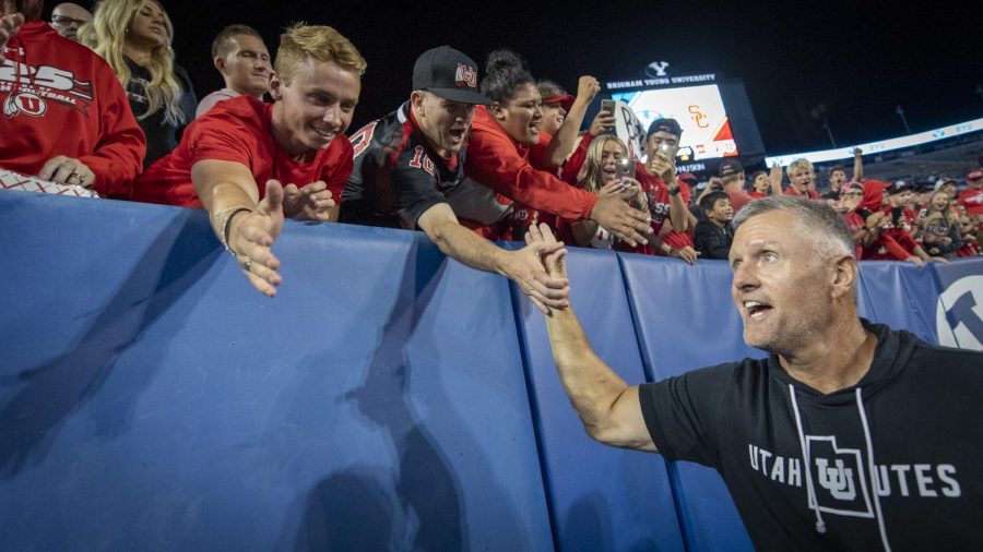 
University of Utah football head coach Kyle Whittingham thanks the fans following an NCAA Football game vs. Brigham Young University at LaVell Edwards Stadium in Provo, Utah on Thursday, Aug. 29, 2019. (Photo by Kiffer Creveling | The Daily Utah Chronicle)