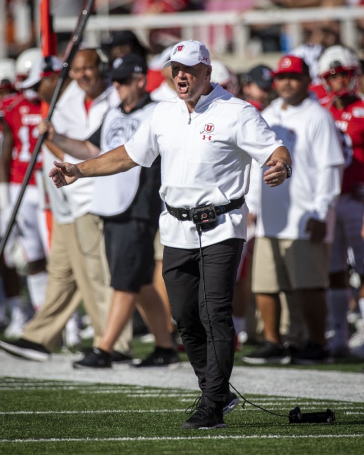 University of Utah football head coach Kyle Whittingham reacts to the personal foul after roughing the return specialist during an NCAA Football game vs. The Idaho State Bengals at Rice Eccles Stadium in Salt Lake City, Utah on Saturday, Sept. 14, 2019. (Photo by Kiffer Creveling | The Daily Utah Chronicle)