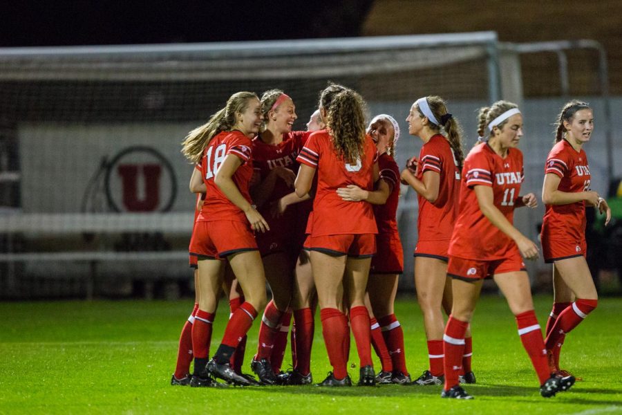 The University of Utah Womens Soccer Team celebrated after a goal in an NCAA Womens Soccer game vs. Washington at Ute Soccer Field in Salt Lake City, UT on Thursday October 04, 2018.(Photo by Curtis Lin | Daily Utah Chronicle)