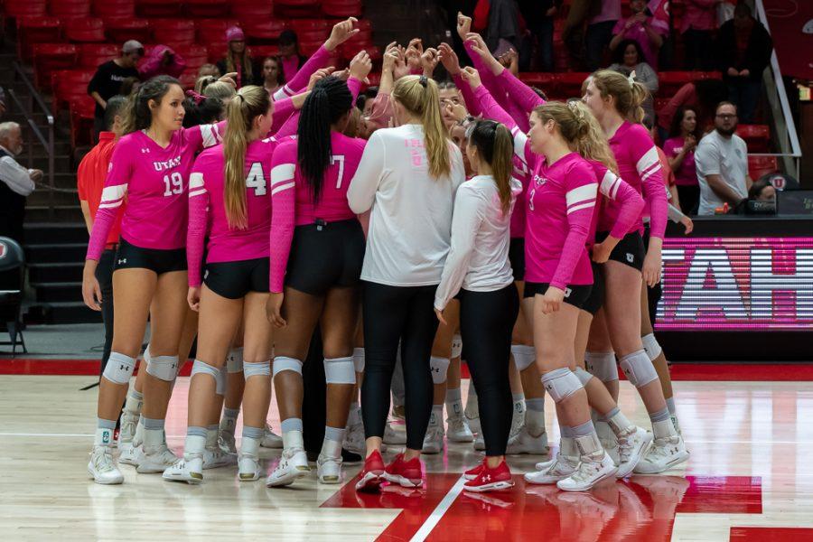 University of Utah Utes Volleyball team celebrates after victory in an NCAA Volleyball match vs. The Washington Huskies at the Jon M. Huntsman Center in Salt Lake City, Utah on Friday, Oct. 25, 2019. (Photo by Abu Asib | The Daily Utah Chronicle)