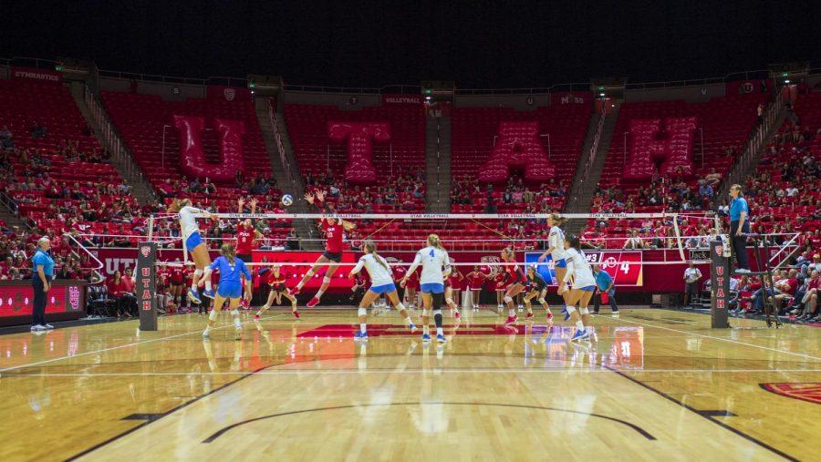 The University of Utah defends a spike in an NCAA Volleyball match vs. the UCLA Bruins at the Jon M. Huntsman Center in Salt Lake City, Utah on Friday, Sept. 21, 2018. (Photo by Kiffer Creveling | The Daily Utah Chronicle)
