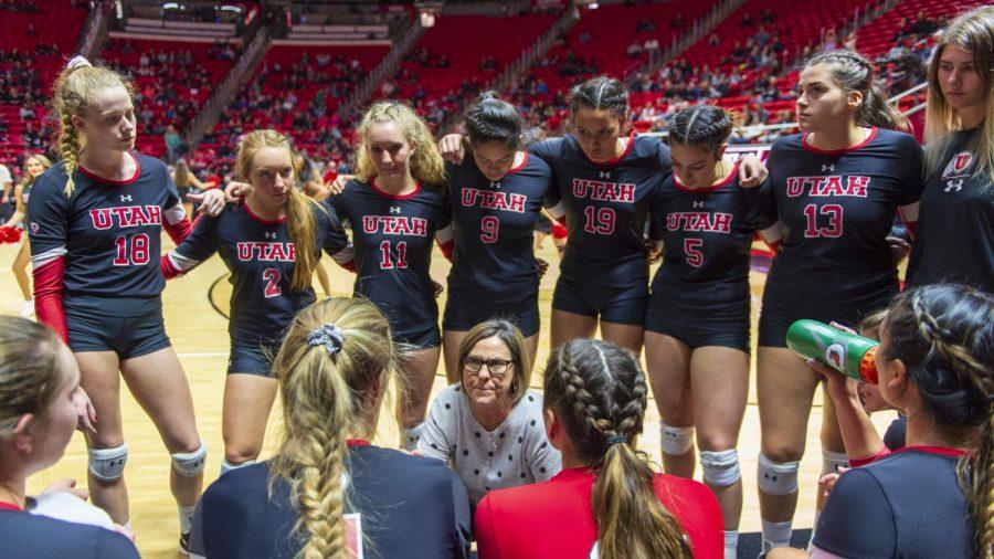 The University of Utah womens volleyball team takes a timeout while head coach Beth Launiere discusses strategy during an NCAA Volleyball match vs. The Colorado Buffalos at the Jon M. Huntsman Center in Salt Lake City, Utah on Friday, Nov. 23, 2018. (Photo by Kiffer Creveling | The Daily Utah Chronicle)