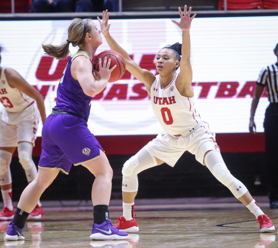 Kiana+Moore+%280%29+defends+her+opponent+in+the+Utah+Utes+Womens+basketball+victory+game+over+Carroll+College+at+the+Huntsman+Center+in+Salt+Lake+City%2C+Utah+on+Thursday%2C+November+2%2C+2017.+%28Photo+by+Cassandra+Palor%2F+Daily+Utah+Chronicle%29.