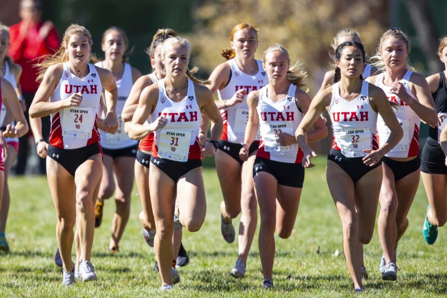 The University of Utah Cross Country Team during the Womens 5K run at the Utah Open in an NCAA Cross Country Meet at Sunnyside Park in Salt Lake City, UT on Friday October 25, 2019. (Photo by Curtis Lin | Daily Utah Chronicle)