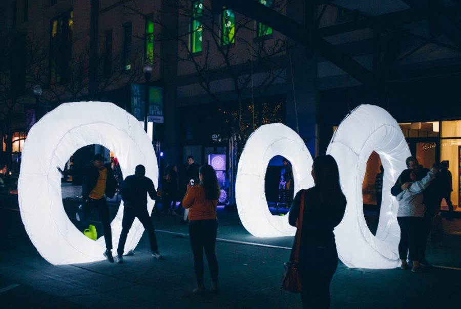 The public interacts with the art of the Iluminate Festival, Gateway Mall, Salt Lake City, UT on Saturday, Nov. 9, 2019. (Photo by Mark Draper | The Daily Utah Chronicle)