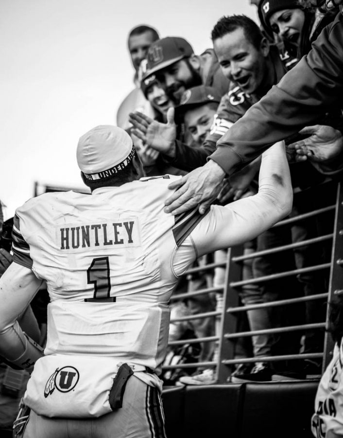 University of Utah quarterback Tyler Huntley (1) celebrates after the win  in an NCAA Football game vs. The Washington Husky in Husky Stadium in Seattle, Washington on Saturday, Nov. 2, 2019
(Photo by Cassandra Palor | The Daily Utah Chronicle)