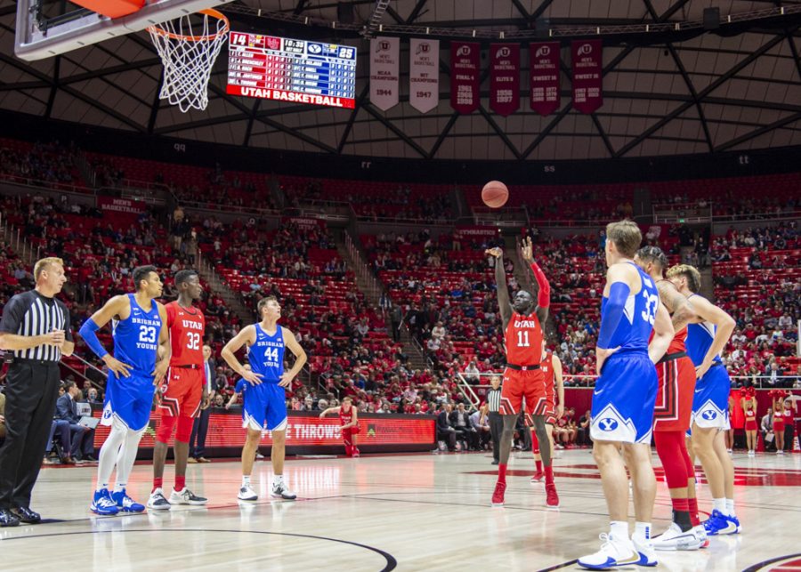 University of Utah sophomore guard Both Gach (11) takes a free throw shot during an NCAA Basketball game vs. Brigham Young University at the Jon M. Huntsman Center in Salt Lake City, Utah on Wednesday, Dec. 4, 2019. (Photo by Kiffer Creveling | The Daily Utah Chronicle)
