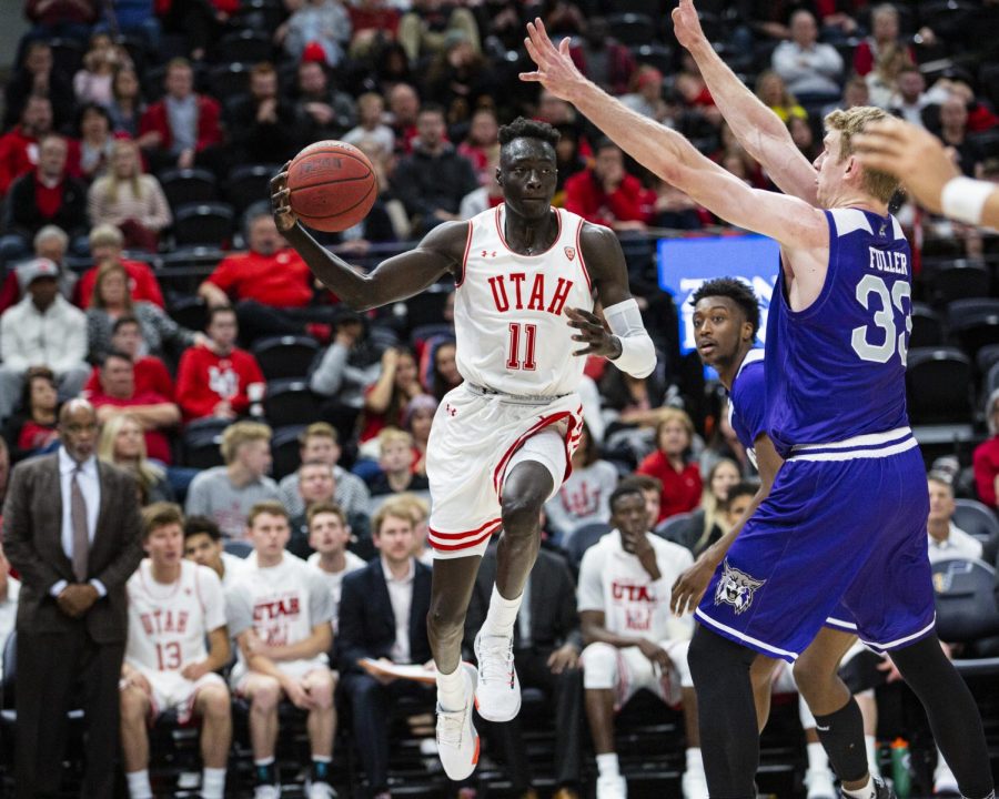 Sophomore Both Gach (11) gets a pass against Weber State University in the Beehive Classic on Dec. 14 at the Vivint Smart Home Arena.
(Justin Prather | Daily Utah Chronicle)