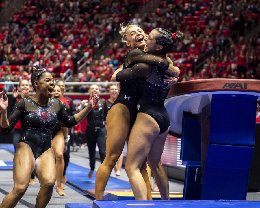 University+of+Utah+womens+gymnastics+junior+Alexia+Burch+is+congratulated+by+junior+Sydney+Soloski+after+her+performance+on+the+vault+in+a+dual+meet+vs.+Arizona+State+at+the+Jon+M.+Huntsman+Center+in+Salt+Lake+City%2C+Utah+on+Friday%2C+Jan.+24%2C+2020.+%28Photo+by+Kiffer+Creveling+%7C+The+Daily+Utah+Chronicle%29