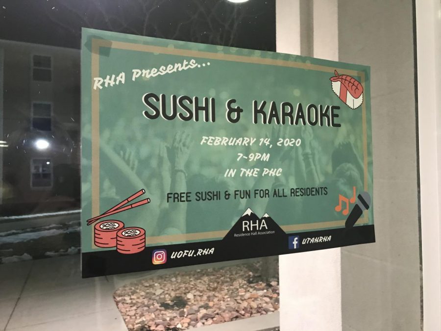 Poster for RHA event, Sushi and Karaoke. (Photo by Natalie Colby | Daily Utah Chronicle) 