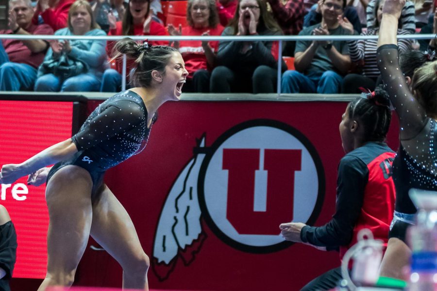 University of Utah women's gymnastics sophomore Adrienne Randall is greeted by her team after her performance on the balance beam in a dual meet vs. Arizona State University at the Jon M. Huntsman Center in Salt Lake City on Friday, Jan. 24, 2020. (Photo by Abu Asib | The Daily Utah Chronicle)
