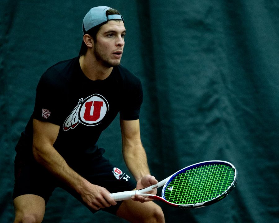University of Utah Freshman Franco Capalbo waits to receive the serve during an NCAA Tennis match against East Tennessee State University at the George S. Eccles Tennis Center in Salt Lake City, Utah on Friday, Jan. 31, 2020. (Photo by Abu Asib | The Daily Utah Chronicle)