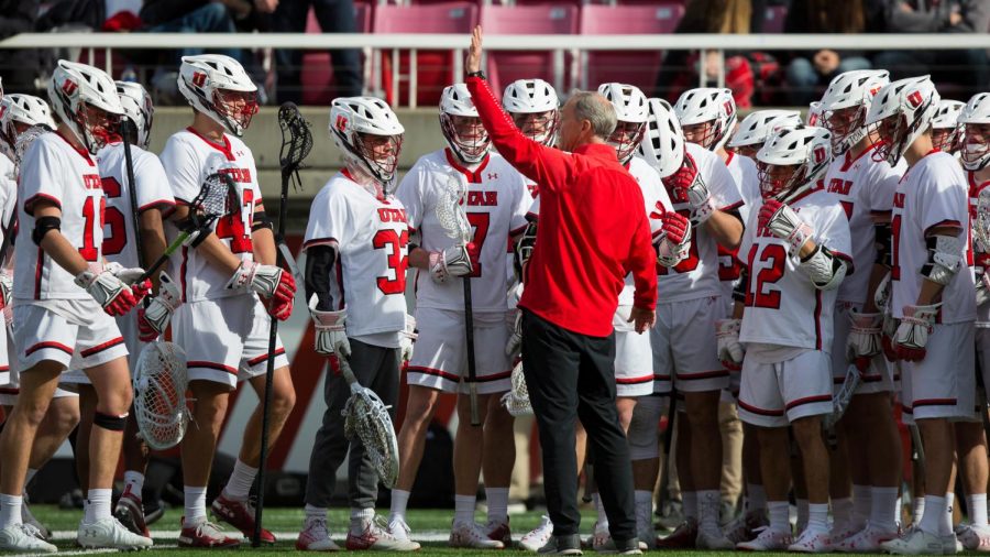 University of Utah Mens Lacrosse Team Head Coach Brian Holman cheers his team after 1st quarter during an NCAA game vs. Bellarmine University at the Rice Eccles Stadium in Salt Lake City on Friday, Feb. 1. (Photo by Abu Asib | The Daily Utah Chronicle)