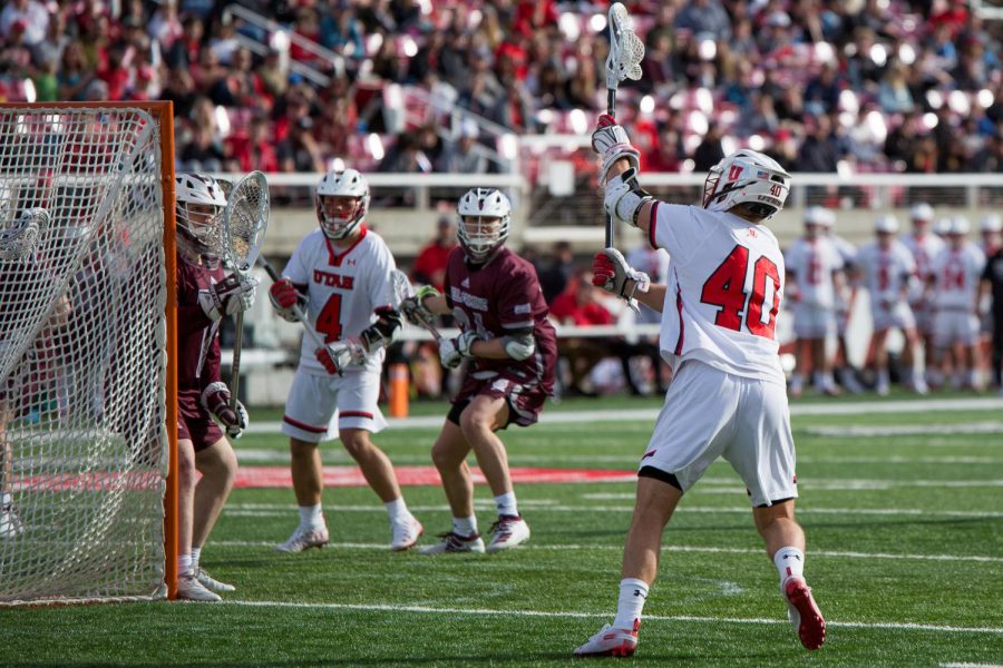 University of Utah Senior Aaron Fjeldsted (40) goes for the goal during an NCAA Lacrosse game vs. Bellarmine University at the Rice Eccles Stadium in Salt Lake City on Friday, Feb. 1, 2020. (Photo by Abu Asib | The Daily Utah Chronicle)