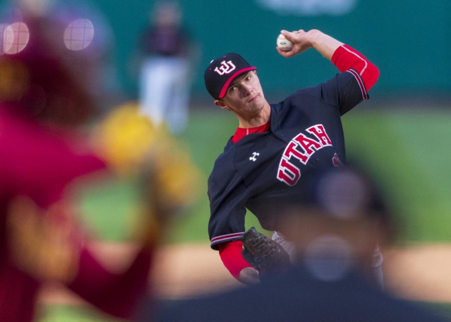 University of Utah redshirt sophomore left-handed pitcher Riley Pierce (10) pitches during an NCAA Baseball game at the Smiths Ballpark in Salt Lake City, Utah on Thursday, April 11, 2019. (Photo by Kiffer Creveling | Daily Utah Chronicle)